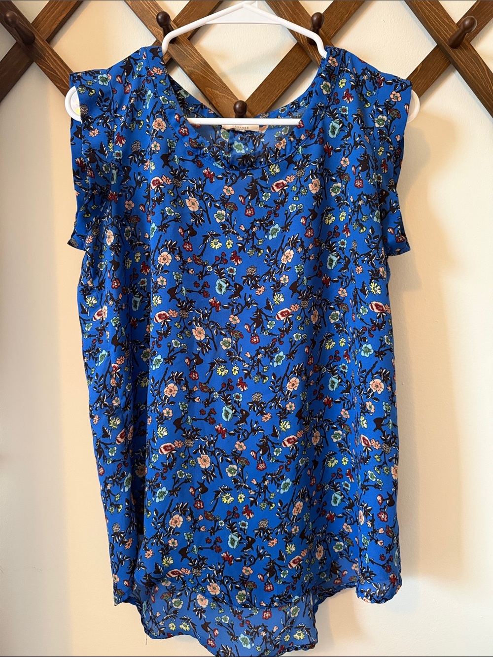 Pleione Royal Blue Floral Ruffle Cap-Sleeve Camisole